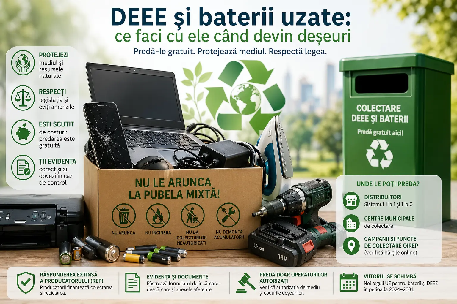 Bormașină, baterii uzate și simboluri DEEE pentru colectare selectivă