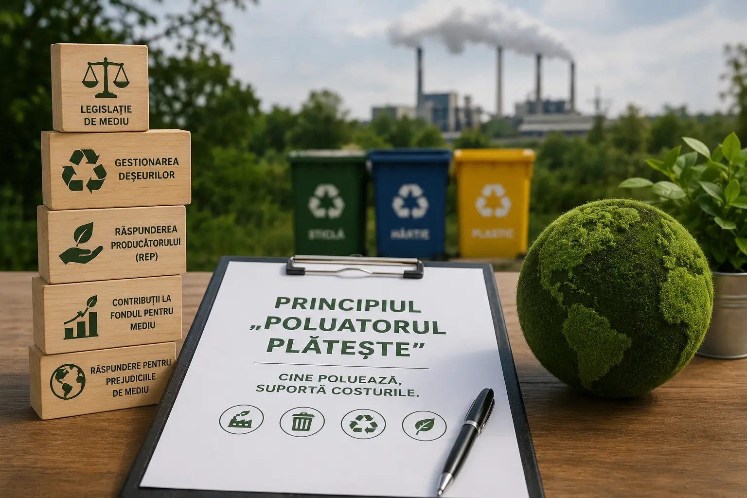 Glob verde, pubele pentru deșeuri și simboluri despre poluare și mediu