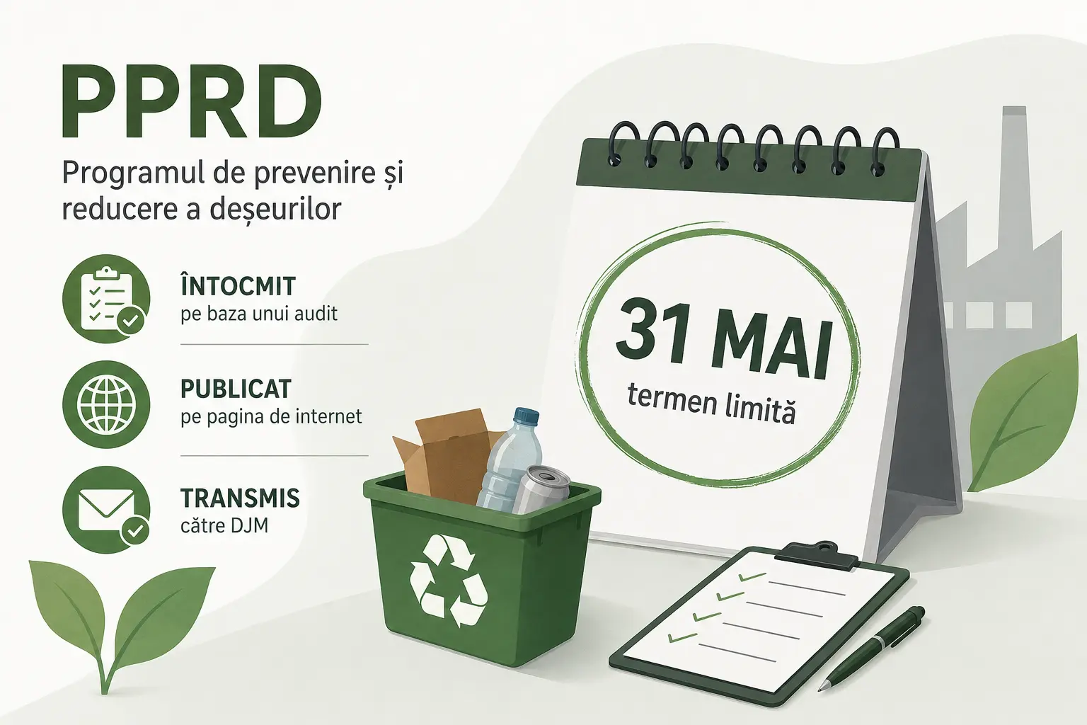 Calendar PPRD cu termen 31 mai și pictogramă despre ierarhia deșeurilor