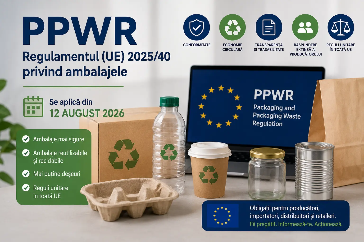 Document PPWR despre ambalaje și reciclare, 12 august 2026, obligații noi UE